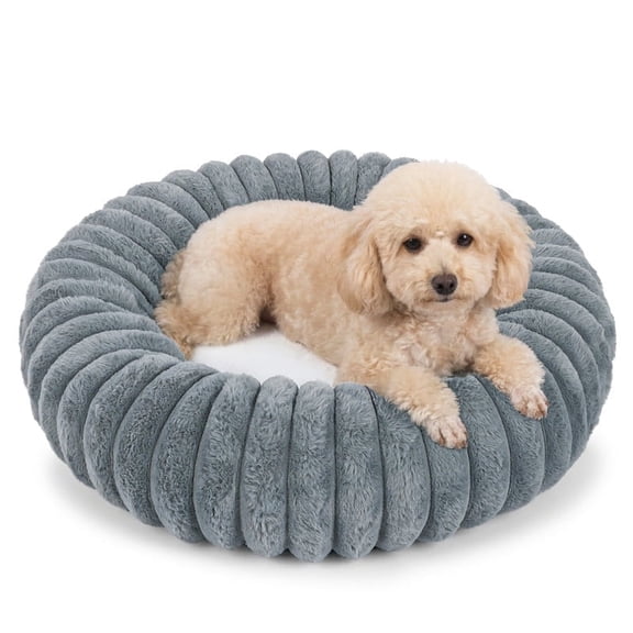 Exclusivo Mezcla Calming Donut Dog Bed with Non-Slip Bottom, 24 inches Cozy Fluffy Faux Rabbit Fur Round Pet Bed for Medium Dogs, Dark Grey