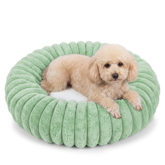 Exclusivo Mezcla Calming Donut Dog Bed with Non-Slip Bottom, 24 inches Cozy Fluffy Faux Rabbit Fur Round Pet Bed for Medium Dogs, Green