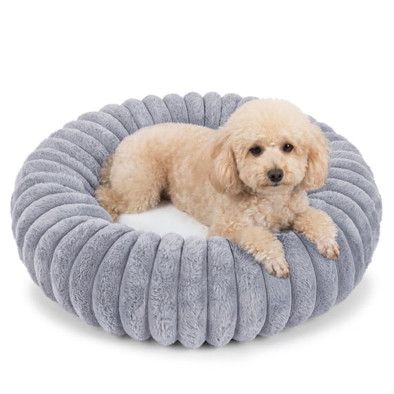 Exclusivo Mezcla Calming Donut Dog Bed, 24 inches Cozy Fluffy Faux Rabbit Fur Round Pet Bed, Machine Washable, Light Grey