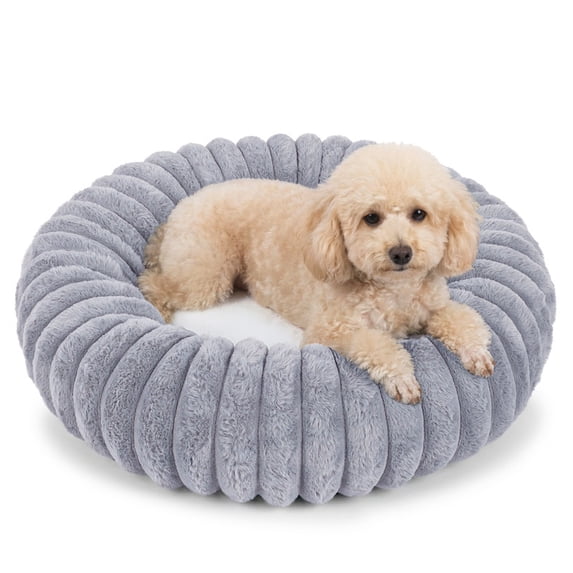 Exclusivo Mezcla Calming Donut Dog Bed with Non-Slip Bottom, 24 inches Cozy Fluffy Faux Rabbit Fur Round Pet Bed for Medium Dogs, Light Grey