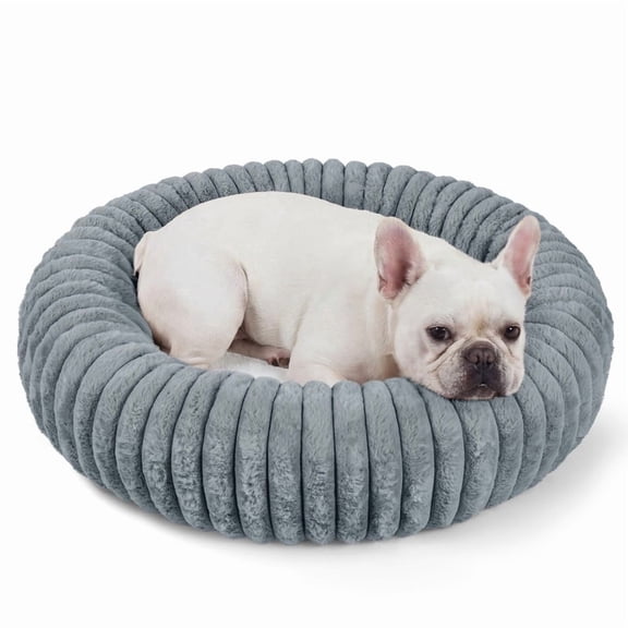 Exclusivo Mezcla Calming Donut Dog Bed with Non-Slip Bottom, 28 inches Cozy Fluffy Faux Rabbit Fur Round Pet Bed for Medium Dogs, Dark Grey