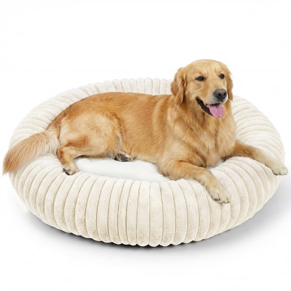 Exclusivo Mezcla Calming Donut Dog Bed, 36 inches Cozy Fluffy Faux Rabbit Fur Round Pet Bed, Machine Washable, Ivory