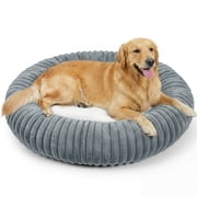 Exclusivo Mezcla Calming Donut Dog Bed with Non-Slip Bottom, 36 inches Cozy Fluffy Faux Rabbit Fur Round Pet Bed for Large Dogs, Dark Grey