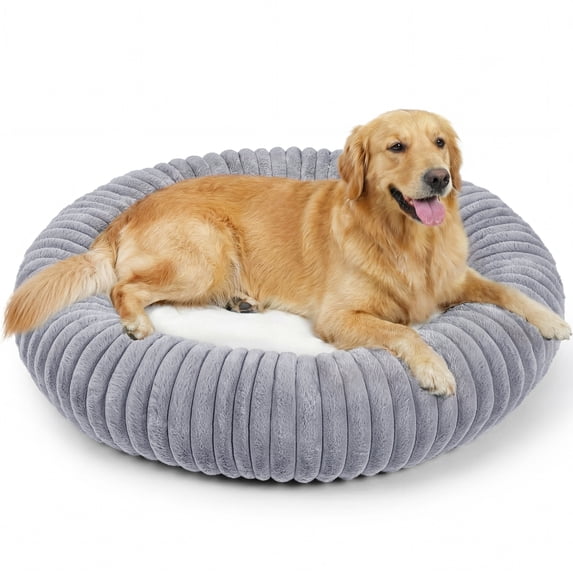 Exclusivo Mezcla Calming Donut Dog Bed, 36 inches Cozy Fluffy Faux Rabbit Fur Round Pet Bed, Machine Washable, Light Grey