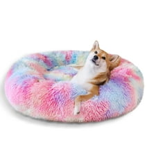 Exclusivo Mezcla Calming Donut Dog Bed for Small Medium and Large Dogs, Anti-Anxiety Plush Cozy Warming Pet Bed (20"x20",Pink Rainbow)