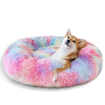 Exclusivo Mezcla Calming Donut Dog Bed for Small Medium and Large Dogs, Anti-Anxiety Plush Cozy Warming Pet Bed (36"x36",Pink Rainbow)