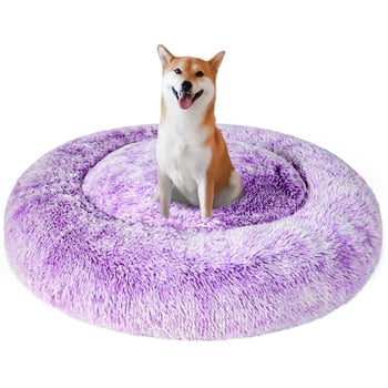 Exclusivo Mezcla Calming Donut Dog Bed for Small Medium and Large Dogs, Anti-Anxiety Plush Cozy Warming Pet Bed (36"x36",Purple)