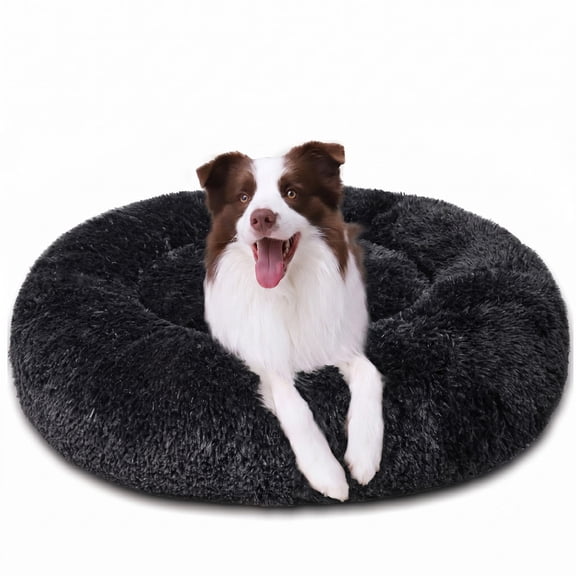 Exclusivo Mezcla Calming Donut Pet Bed for Large Dogs 36", Anti-Anxiety Plush Cozy Warming Dog Bed, Black