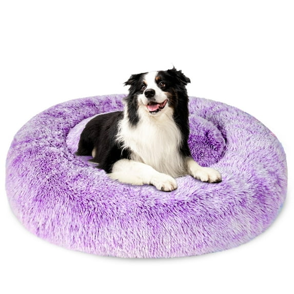 Exclusivo Mezcla Calming Donut Pet Bed for Large Dogs 36", Anti-Anxiety Plush Cozy Warming Dog Bed, Gradient Purple