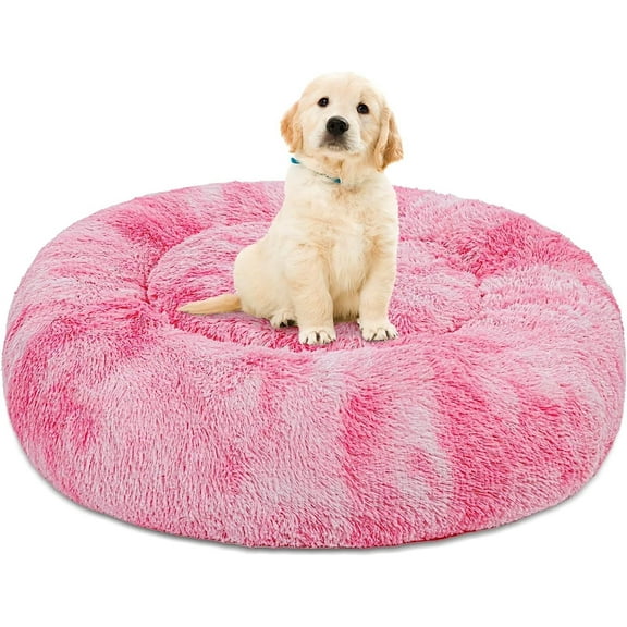 Exclusivo Mezcla Calming Donut Pet Bed for Medium Dogs 24", Anti-Anxiety Plush Cozy Warming Dog Bed, Gradient Pink