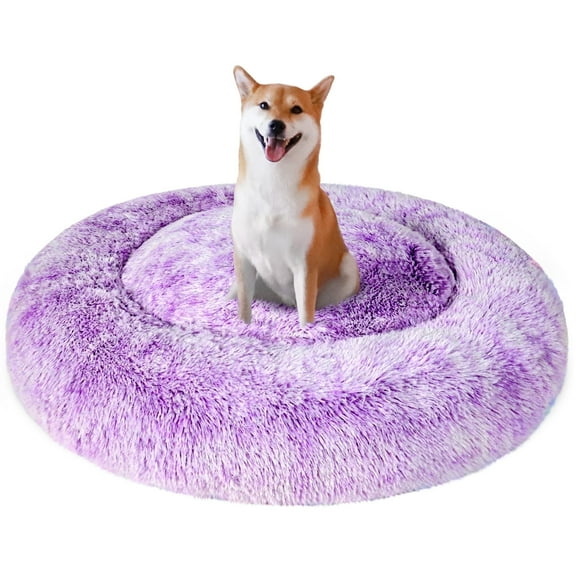 Exclusivo Mezcla Calming Donut Pet Bed for Medium Dogs 24", Anti-Anxiety Plush Cozy Warming Dog Bed, Gradient Purple
