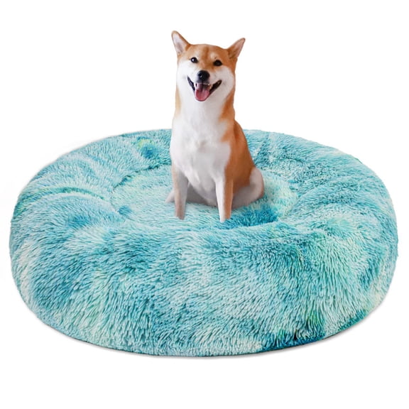 Exclusivo Mezcla Calming Donut Pet Bed for Medium Dogs 32", Anti-Anxiety Plush Cozy Warming Dog Bed, Gradient Aqua