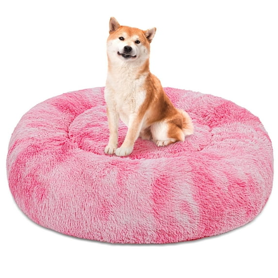 Exclusivo Mezcla Calming Donut Pet Bed for Medium Dogs 32", Anti-Anxiety Plush Cozy Warming Dog Bed, Gradient Pink