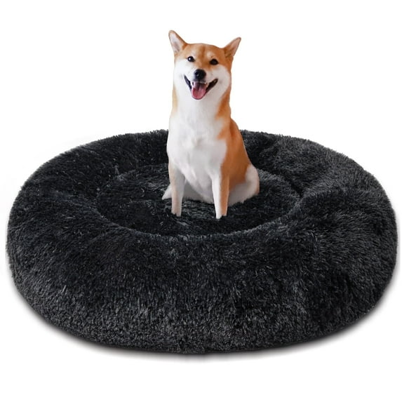 Exclusivo Mezcla Calming Donut Pet Bed for Small Dogs 20", Anti-Anxiety Plush Cozy Warming Dog Bed, Black