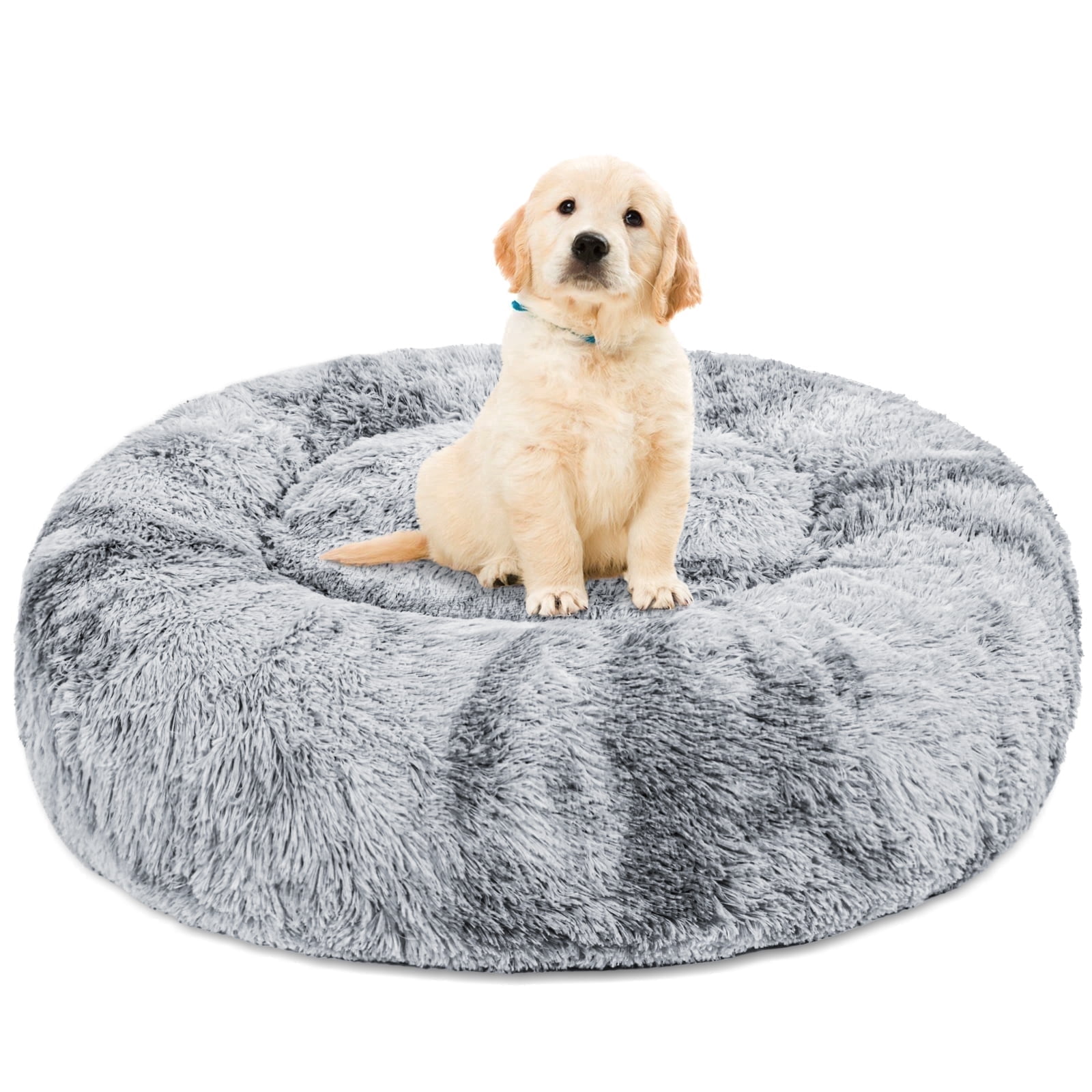 Exclusivo Mezcla Calming Donut Pet Bed for Small Dogs 20", Anti-Anxiety Plush Cozy Warming Dog Bed, Grey
