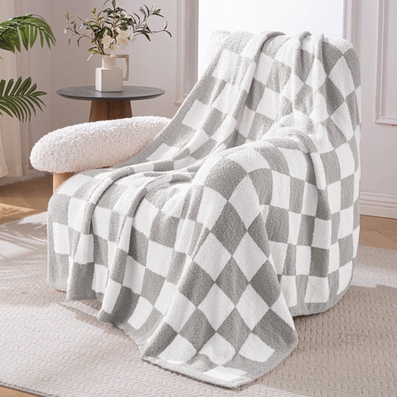 Exclusivo Mezcla Checkered Knit Throw Blanket, Ultra Soft Cozy Fluffy Checkerboard Blankets, Lightweight Fuzzy Plush Throw for Couch and Bed, Light Grey, 50"x60"
