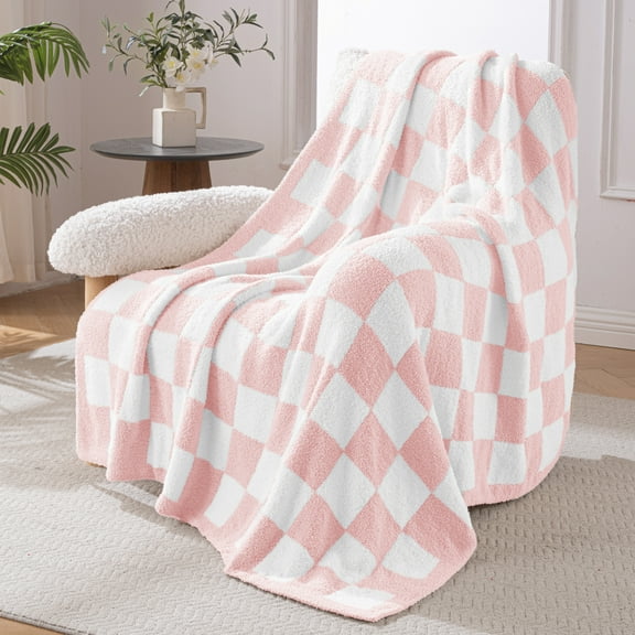 Exclusivo Mezcla Checkered Knit Throw Blanket, Ultra Soft Cozy Fluffy Checkerboard Blankets, Lightweight Fuzzy Plush Throw for Couch and Bed, Pink, 50"x60"