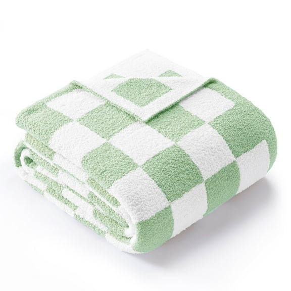 Exclusivo Mezcla Checkered Knit Blanket for Bed Twin Size, Ultra Soft Cozy Fluffy Blanket, Lightweight Fuzzy Throw for Couch and Bed, Sage Green, 60"x80"