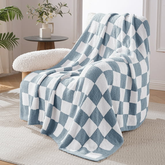 Exclusivo Mezcla Checkered Knit Throw Blanket, Ultra Soft Cozy Fluffy Checkerboard Blankets, Lightweight Fuzzy Plush Throw for Couch and Bed, Stone Blue, 50"x60"