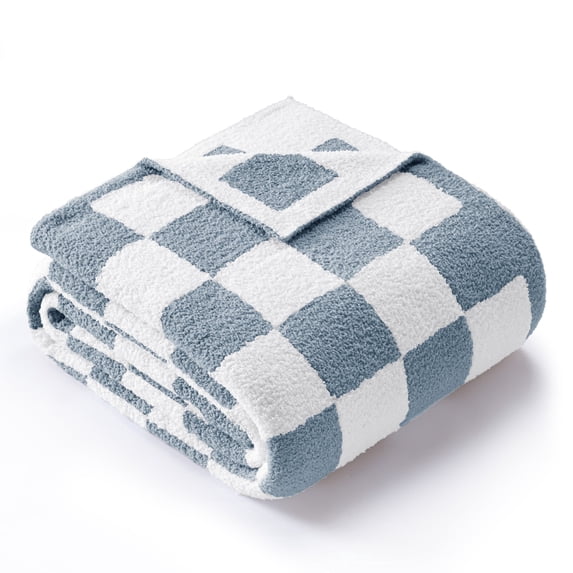 Exclusivo Mezcla Checkered Knit Blanket for Bed Queen Size, Ultra Soft Cozy Fluffy Blanket, Lightweight Fuzzy Throw for Couch and Bed, Stone Blue, 90"x90"