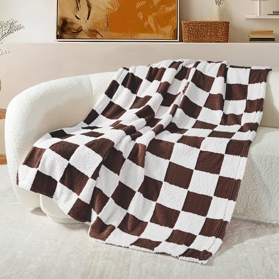 Exclusivo Mezcla Checkered Throw Blanket, Super Soft and Warm Fluffy Fleece Blanket for Couch, Sofa, Bed, Cute Plaid Pattern, Coffee, 50"x60"