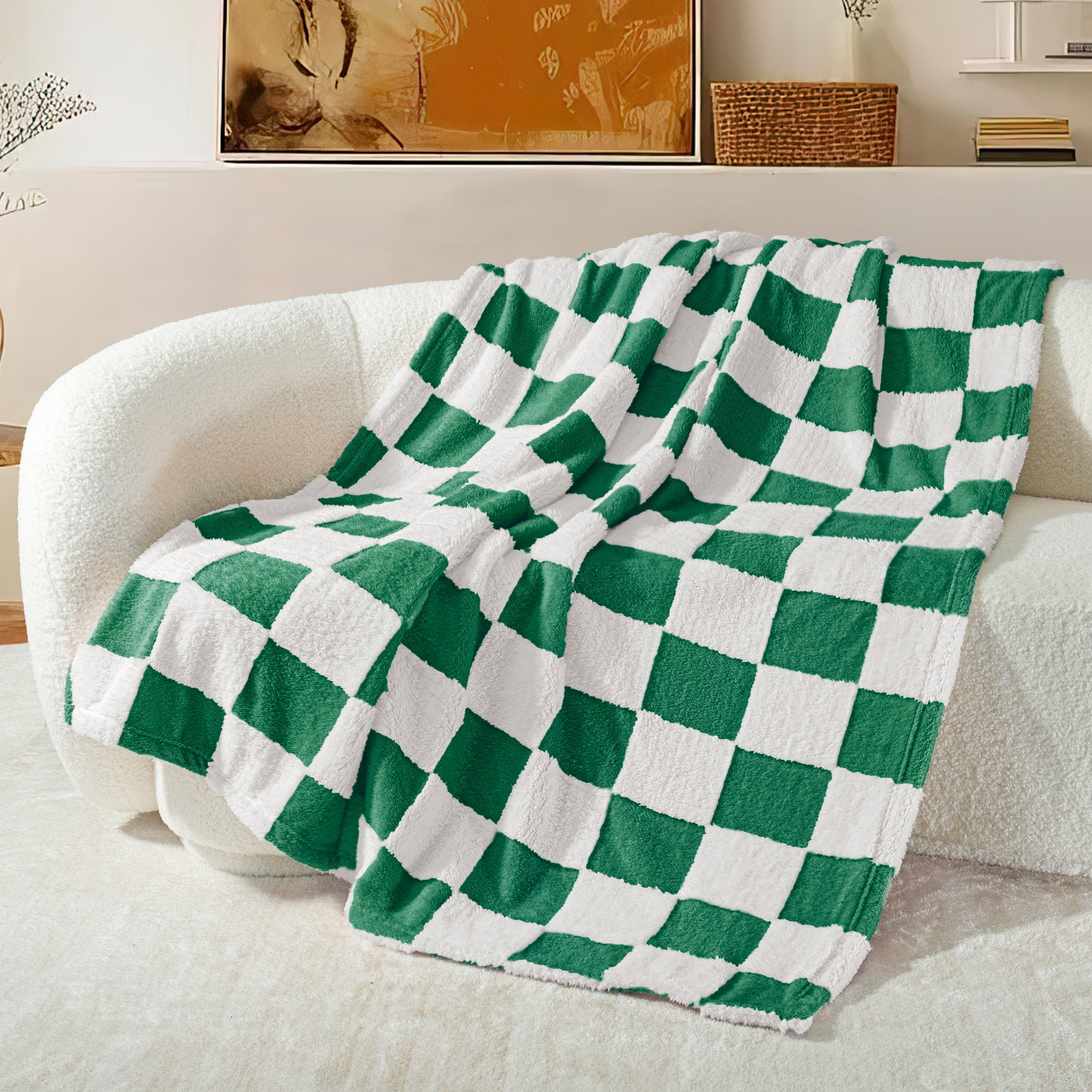 Exclusivo Mezcla Checkered Throw Blanket, Super Soft and Warm Fluffy Fleece Blanket for Couch, Sofa, Bed, Cute Plaid Pattern, Green, 50"x60"