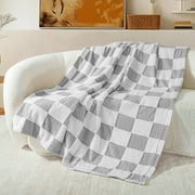 Exclusivo Mezcla Checkered Throw Blanket, Super Soft and Warm Fluffy Fleece Blanket for Couch, Sofa, Bed, Cute Plaid Pattern, Light Grey, 50"x60"