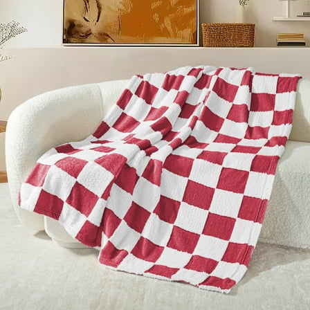 Exclusivo Mezcla Checkered Throw Blanket, Super Soft and Warm Fluffy Fleece Blanket for Couch, Sofa, Bed, Cute Plaid Pattern, Red, 50"x60"