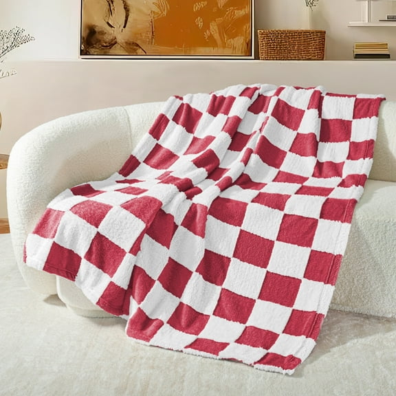 Exclusivo Mezcla Checkered Throw Blanket, Super Soft and Warm Fluffy Fleece Blanket for Couch, Sofa, Bed, Cute Plaid Pattern, Red, 50"x60"