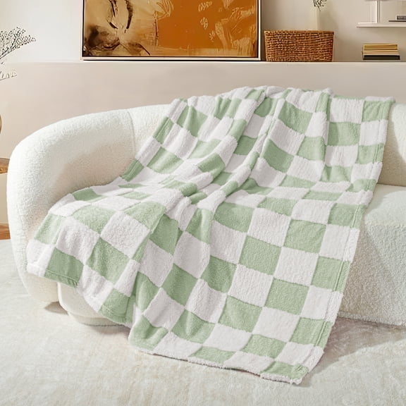 Exclusivo Mezcla Checkered Throw Blanket, Super Soft and Warm Fluffy Fleece Blanket for Couch, Sofa, Bed, Cute Plaid Pattern, Sage Green, 50"x60"