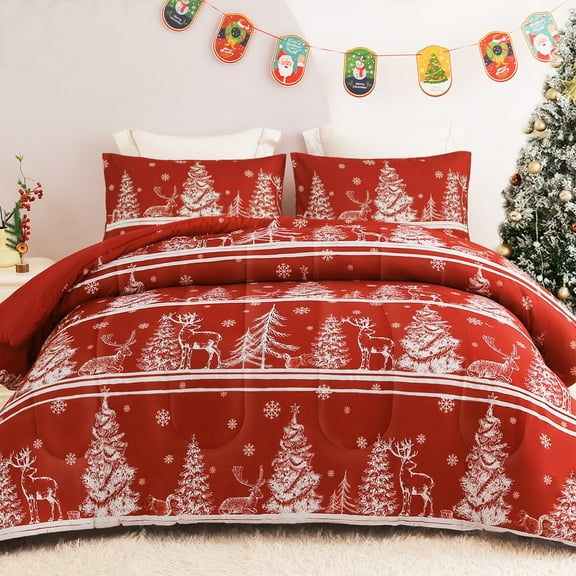 Exclusivo Mezcla Christmas Twin Size Comforter Set, 2 Pieces Reversible Rust Red Striped Down Alternative Comforter Sets, Printed Christmas Trees Snowflakes Pattern