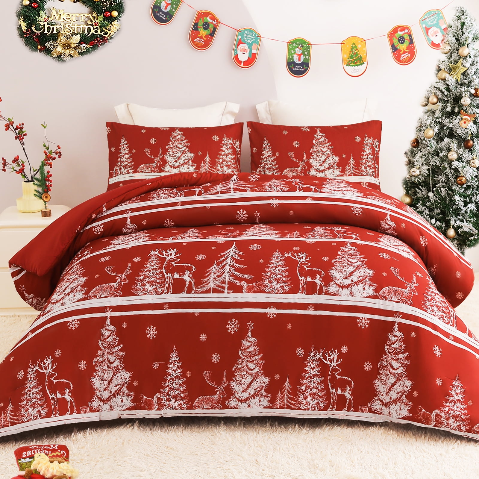 Exclusivo Mezcla Christmas Comforter Set Twin Size, Reversible Rust Red