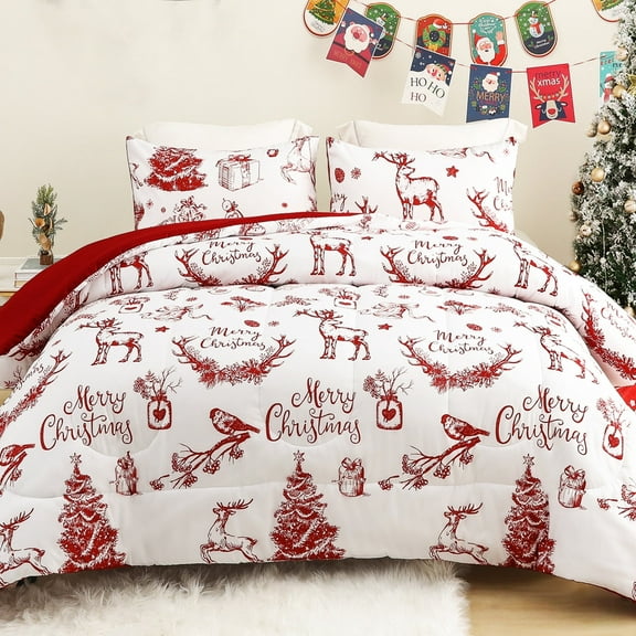 Exclusivo Mezcla Christmas Twin Size Comforter Set, 2 Pieces Reversible White and Rust Red Down Alternative Comforter Sets, Printed Christmas Reindeer Wreaths Pattern
