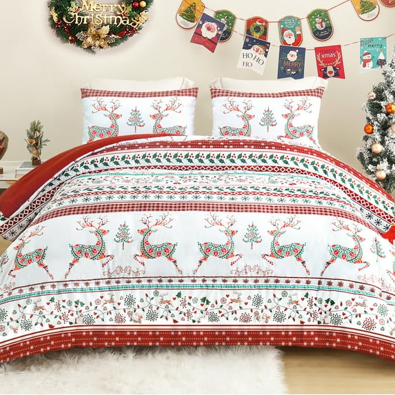 Exclusivo Mezcla Christmas King Size Comforter Set, 3 Pieces Reversible Rust Red Striped Bedding Comforters, Printed Flowers Reindeer Pattern