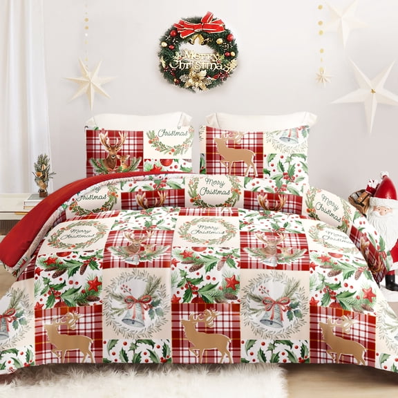 Exclusivo Mezcla Christmas Queen Size Comforter Set, 3 Pieces Reversible Rust Red Patchwork Bedding Comforters, Printed Reindeer Wreaths Pattern