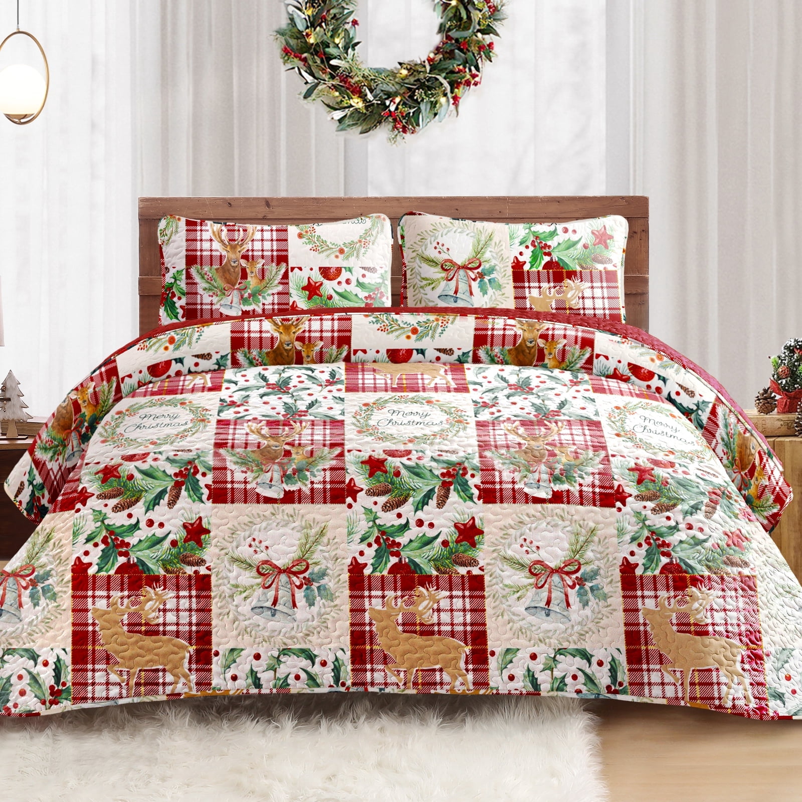 Exclusivo Mezcla Christmas Quilt King Size, Rust Red Patchwork