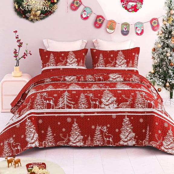 Exclusivo Mezcla Christmas Quilt Set King Size Bedding Set, Reversible Rust Red Striped Bedspreads or Coverlets with Christmas Trees Snowflakes Pattern