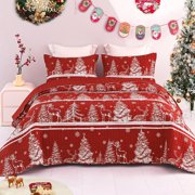 Exclusivo Mezcla Christmas Quilt Set Queen Size Bedding Set, Reversible Rust Red Striped Bedspreads or Coverlets with Christmas Trees Snowflakes Pattern