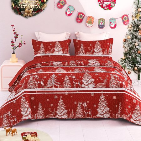 Exclusivo Mezcla Christmas Quilt Set Queen Size Bedding Set, Reversible Rust Red Striped Bedspreads or Coverlets with Christmas Trees Snowflakes Pattern