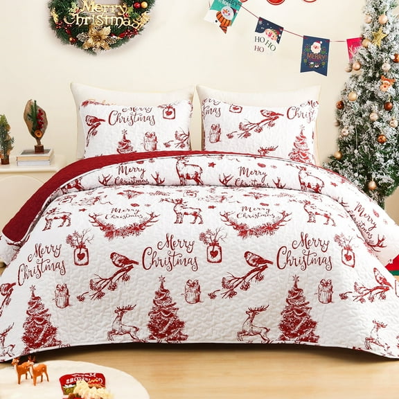 Exclusivo Mezcla Christmas Quilt Set Queen Size Bedding Set, Reversible White and Rust Red Bedspreads or Coverlets with Christmas Trees Reindeer Wreaths Pattern