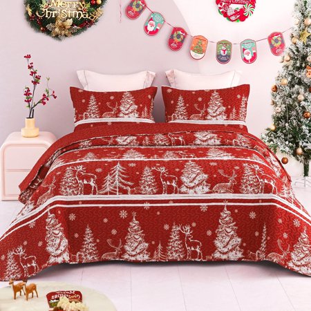Exclusivo Mezcla Christmas Quilt Set Twin Size Bedding Set, Reversible Rust Red Striped Bedspreads or Coverlets with Christmas Trees Snowflakes Pattern