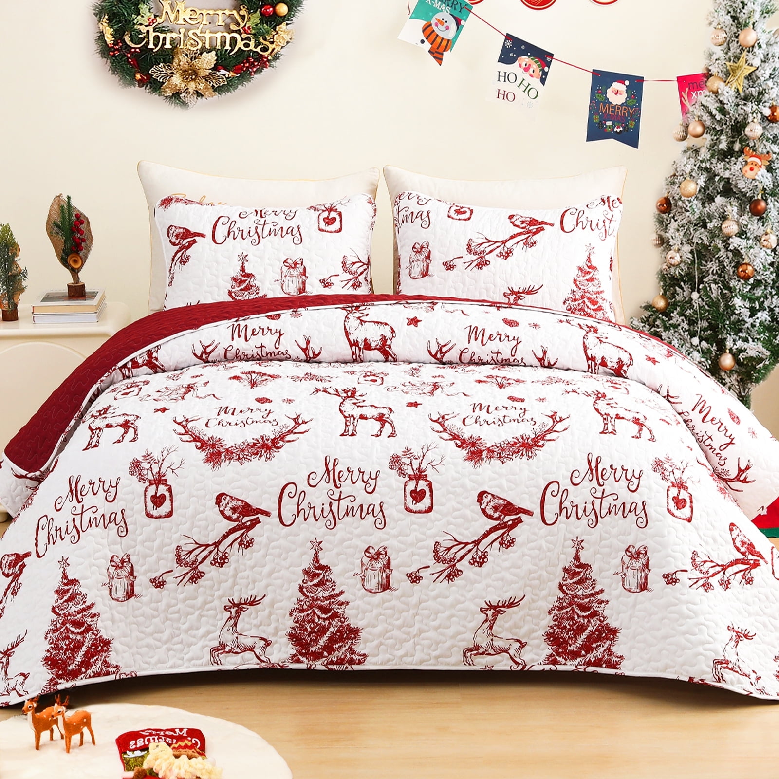 Exclusivo Mezcla Christmas Quilt Set Twin Size Bedding Set, Reversible White and Rust Red Bedspreads or Coverlets with Christmas Trees Reindeer Wreaths Pattern