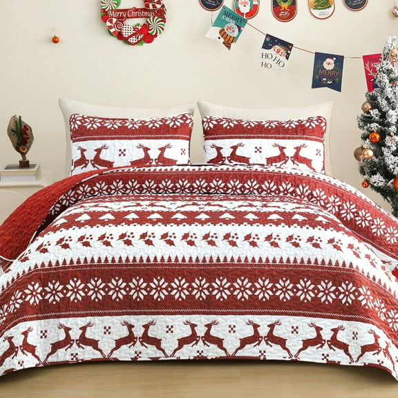 Exclusivo Mezcla Christmas Quilt Twin Size, White and Rust Red Striped Bedspreads Reversible Coverlets Bedding Set with Printed Reindeer Snowflakes Pattern (1 Quilt, 1 Pillow Sham)