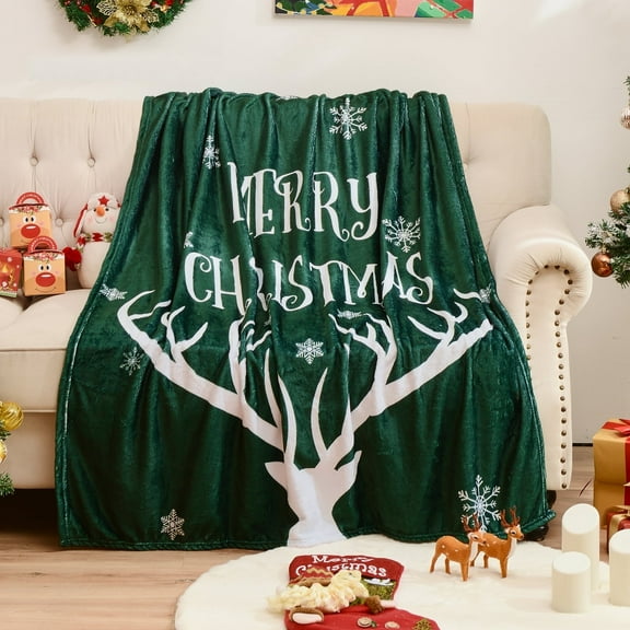 Exclusivo Mezcla Fleece Twin Blanket for Bed, Ultra Plush Christmas Holiday Printed Velvet Blankets,Lightweight and Cozy-60"x80"(Green Reindeer)