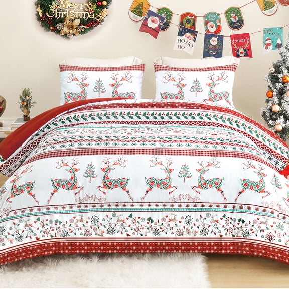 Exclusivo Mezcla Christmas Twin Size Comforter Set, 2 Pieces Reversible Rust Red Striped Bedding Comforters, Printed Flowers Reindeer Pattern