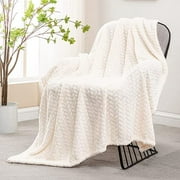 Exclusivo Mezcla Large Flannel Fleece Throw Blanket, Jacquard Weave Leaves Pattern (50" x 70", Off White) - Soft, Warm, Lightweight and Decorative