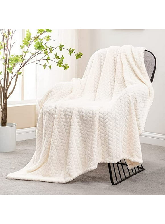 Exclusivo Mezcla Large Flannel Fleece Throw Blanket, Jacquard Weave Leaves Pattern (50" x 70", Off White) - Soft, Warm, Lightweight and Decorative