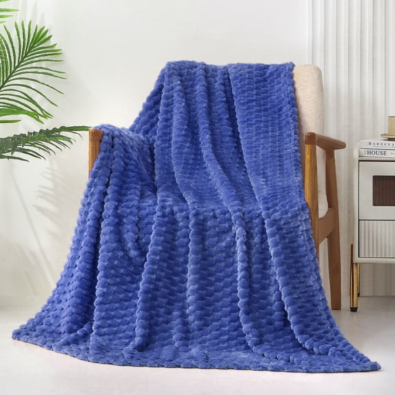 Exclusivo Mezcla Large Soft Fleece Throw Blanket, 50"x70" Stylish Jacquard Throw Blanket for Couch, Cozy, Warm, Lightweight Cobalt Blue Blanket
