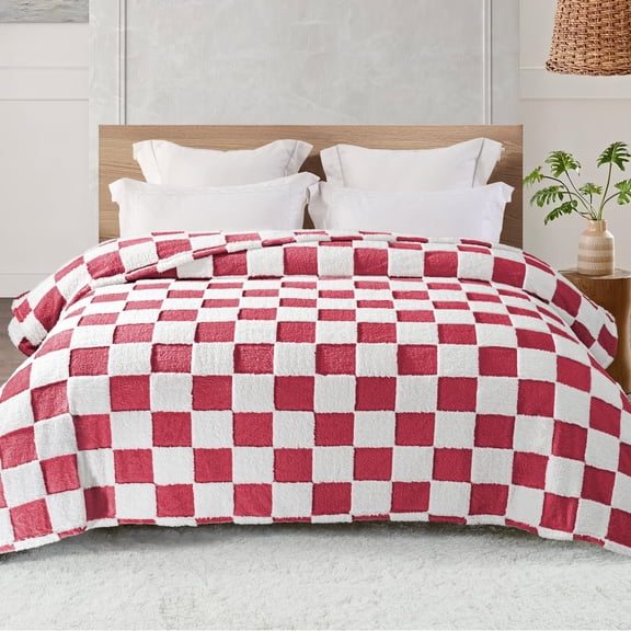 Exclusivo Mezcla Fleece Blanket King Size, Cozy Lightweight Fuzzy Checkered Blanket for Bed, Suitable for All Season, Red, 90"x104"