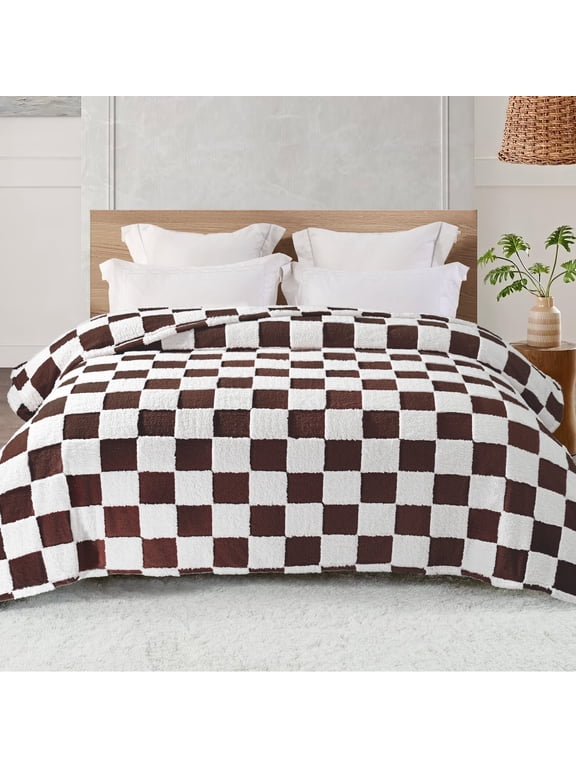 Fleece Blanket Twin Size, Cozy Lightweight and Fuzzy Checkered Blankets for Couch or Bed, Suitable for All Season, Coffee, 60"x80"